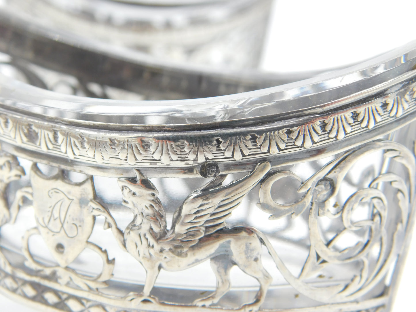 Georgian Pair of French Sterling Silver Griffin Pattern Salt Cellars c1810 on Paw Feet