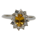 9ct White Gold, Citrine & Diamond Floral Cluster Ring Vintage Birmingham