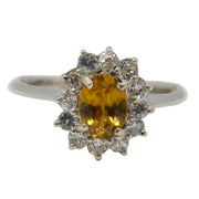 9ct White Gold, Citrine & Diamond Floral Cluster Ring Vintage Birmingham