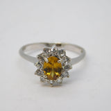 9ct White Gold, Citrine & Diamond Floral Cluster Ring Vintage Birmingham