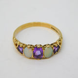 9ct Yellow Gold Graduating Amethyst & Opal Boat Ring Vintage 1993 Sheffield
