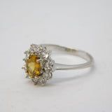 9ct White Gold, Citrine & Diamond Floral Cluster Ring Vintage Birmingham
