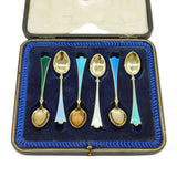Magnus Aase Boxed Set of Sterling Silver Gilt & Enamel Teaspoons Antique c1920s
