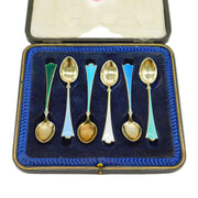 Magnus Aase Boxed Set of Sterling Silver Gilt & Enamel Teaspoons Antique c1920s