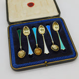 Magnus Aase Boxed Set of Sterling Silver Gilt & Enamel Teaspoons Antique c1920s