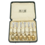 Liberty Boxed Sterling Silver Gilt & Enamel Teaspoons Set Antique c1920s