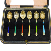 Scandinavian Boxed Set of Sterling Silver Gilt Enamel Teaspoons Antique