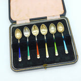 Scandinavian Boxed Set of Sterling Silver Gilt Enamel Teaspoons Antique