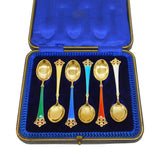 Magnus Aase Boxed Set of Sterling Silver Gilt & Enamel Teaspoons Antique c1920s