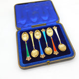 Magnus Aase Boxed Set of Sterling Silver Gilt & Enamel Teaspoons Antique c1920s