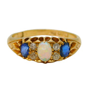 Victorian 18ct Yellow Gold, Opal, Sapphire & Diamond Boat Ring Antique c1890