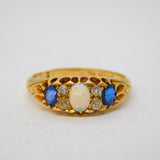 Victorian 18ct Yellow Gold, Opal, Sapphire & Diamond Boat Ring Antique c1890