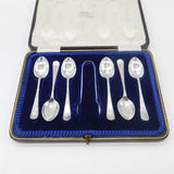 Boxed Set of Sterling Silver Tea Spoons & Tongs Antique 1915 Sheffield Art Deco