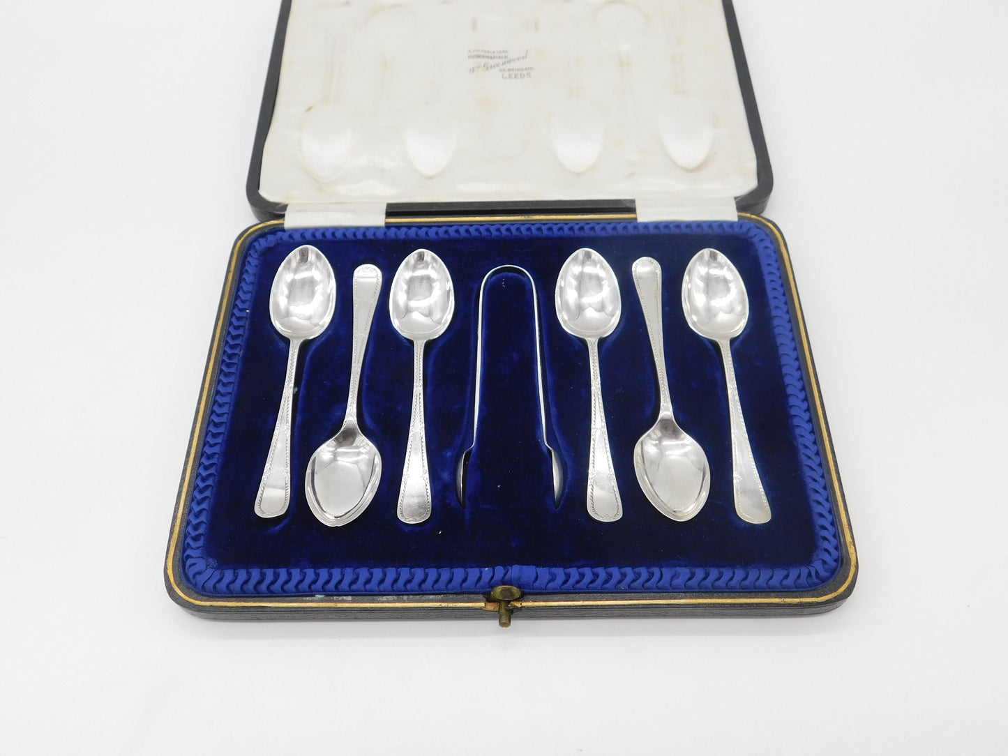 Boxed Set of Sterling Silver Tea Spoons & Tongs Antique 1915 Sheffield Art Deco