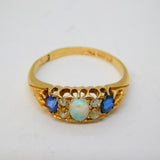 Victorian 18ct Yellow Gold, Opal, Sapphire & Diamond Boat Ring Antique c1890