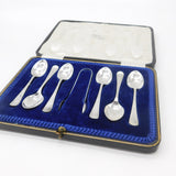 Boxed Set of Sterling Silver Tea Spoons & Tongs Antique 1915 Sheffield Art Deco