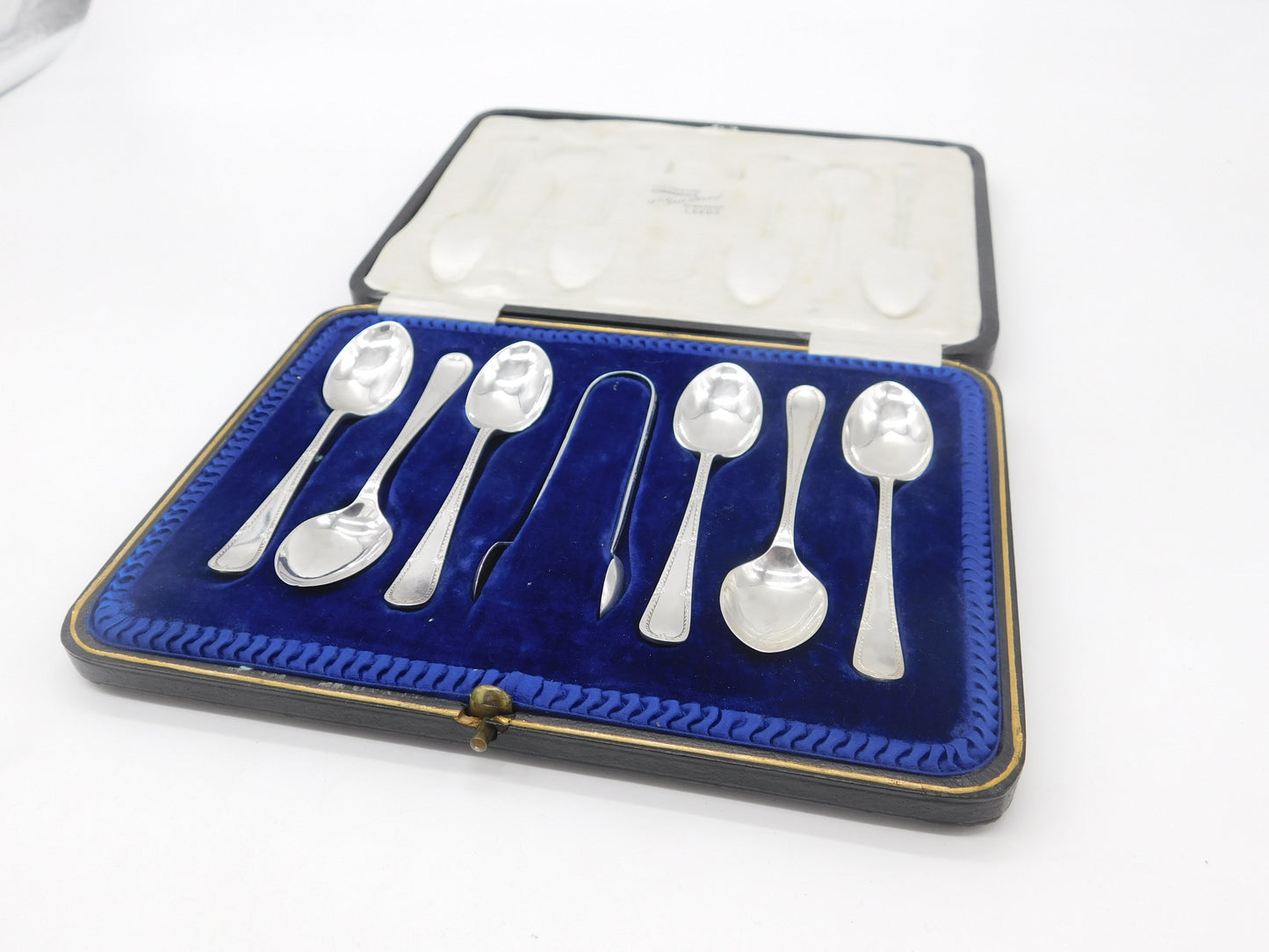 Boxed Set of Sterling Silver Tea Spoons & Tongs Antique 1915 Sheffield Art Deco