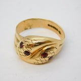 9ct Yellow Gold & Garnet Set Snake Serpent Crossover Ring Vintage Birmingham