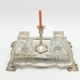 Victorian Larger Sterling Silver Desk Stand with Taper Stick & Inkwells Antique 1849 Sheffield