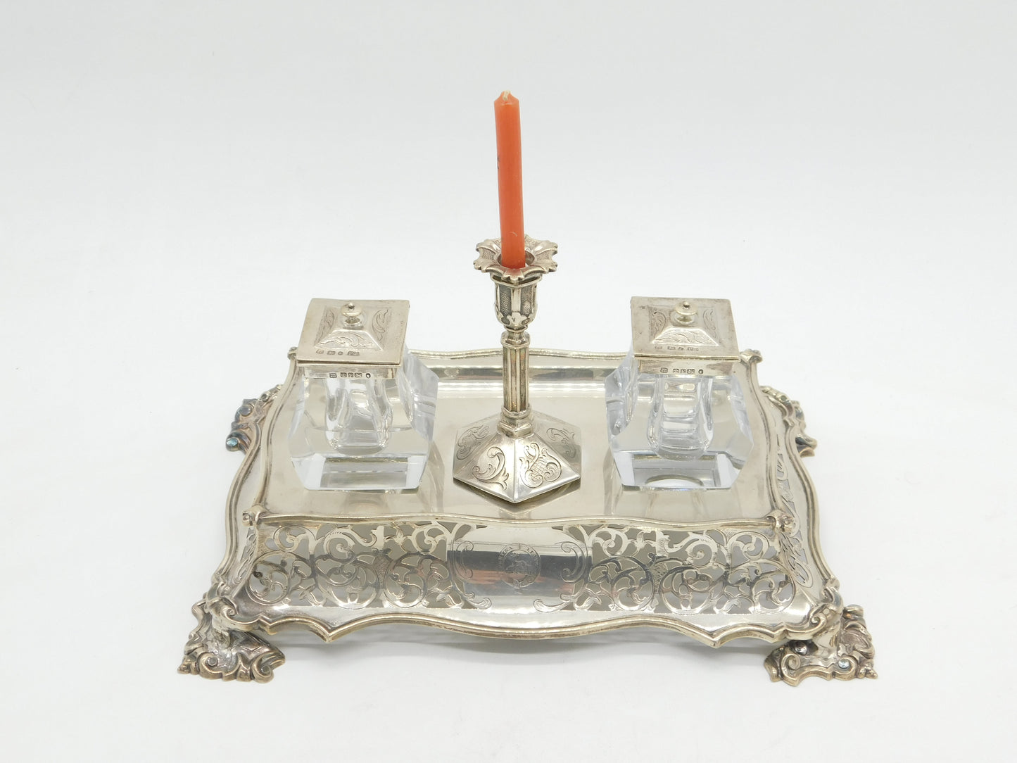 Victorian Larger Sterling Silver Desk Stand with Taper Stick & Inkwells Antique 1849 Sheffield