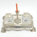 Victorian Larger Sterling Silver Desk Stand with Taper Stick & Inkwells Antique 1849 Sheffield