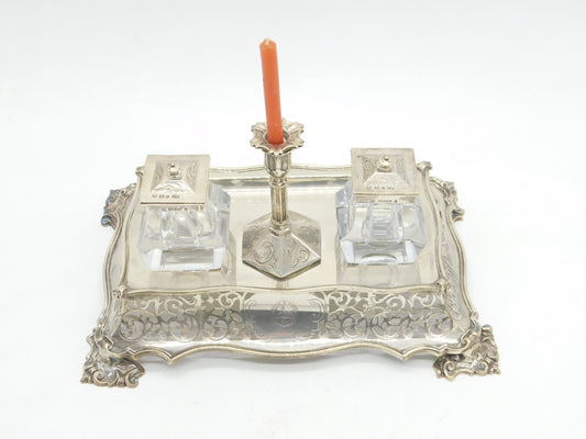 Victorian Larger Sterling Silver Desk Stand with Taper Stick & Inkwells Antique 1849 Sheffield