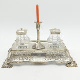 Victorian Larger Sterling Silver Desk Stand with Taper Stick & Inkwells Antique 1849 Sheffield