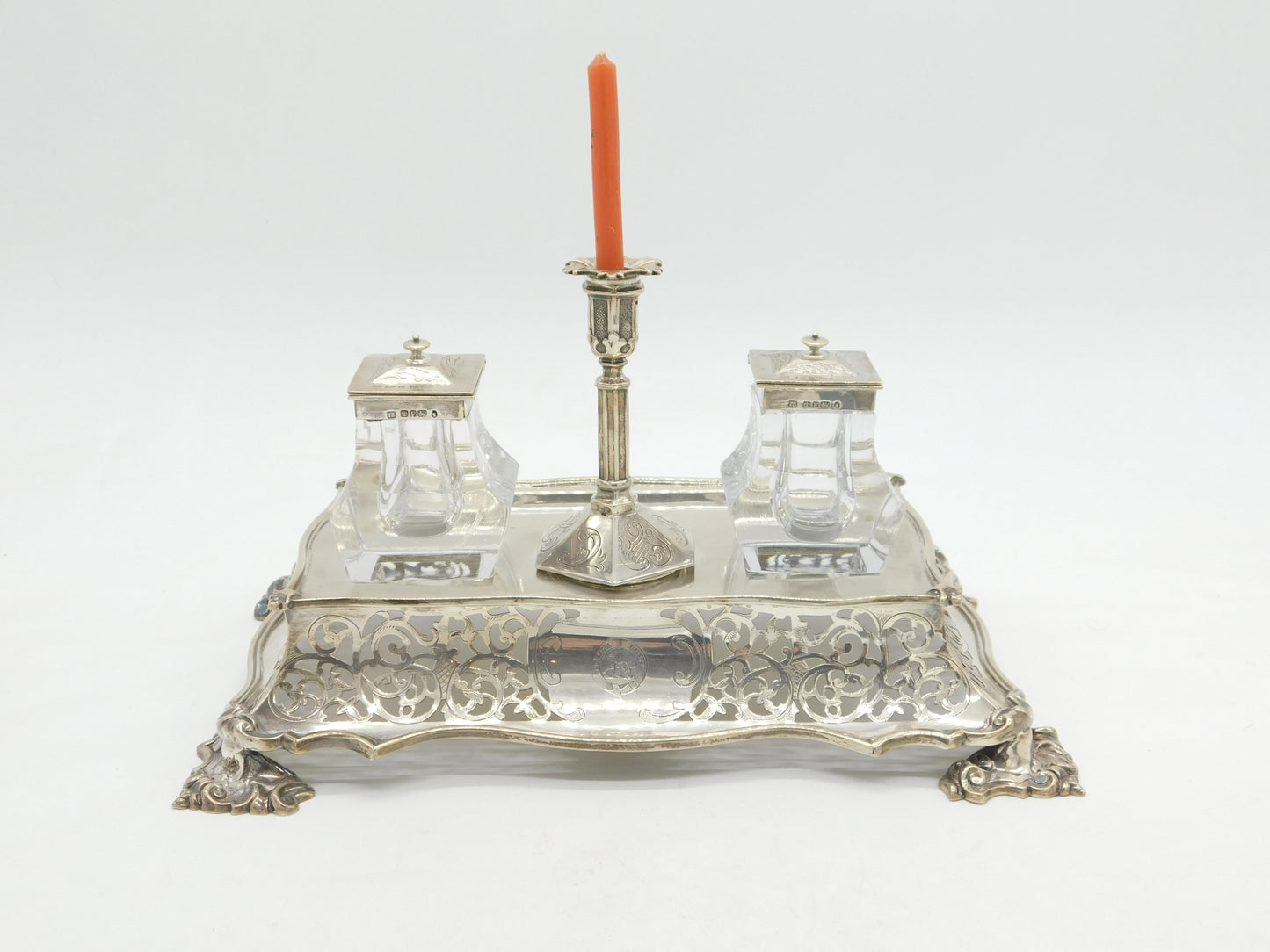 Victorian Larger Sterling Silver Desk Stand with Taper Stick & Inkwells Antique 1849 Sheffield