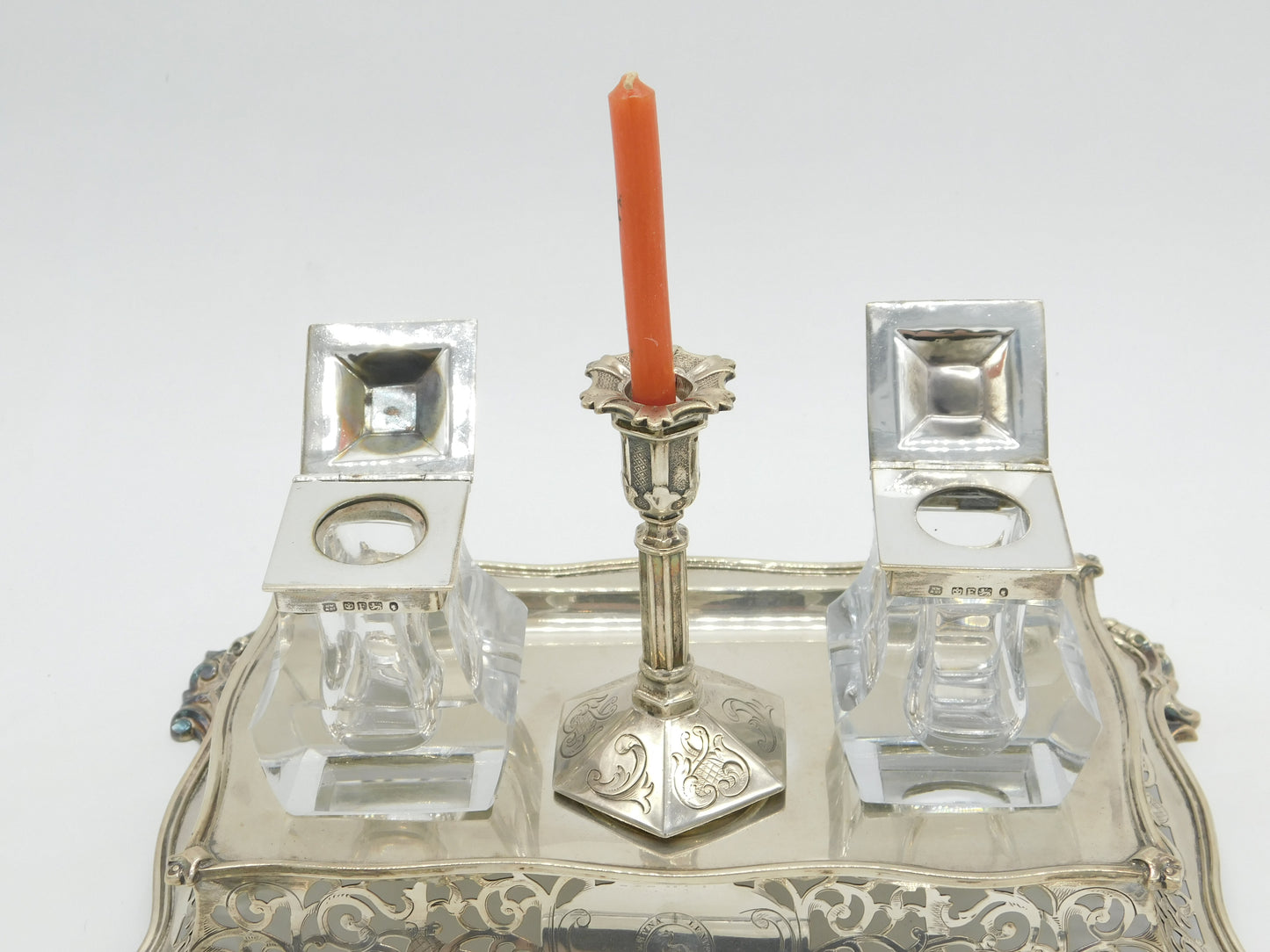 Victorian Larger Sterling Silver Desk Stand with Taper Stick & Inkwells Antique 1849 Sheffield