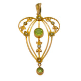 Edwardian 9ct Yellow Gold, Peridot & Seed Pearl Lavalier Pendant Antique c1910