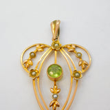 Edwardian 9ct Yellow Gold, Peridot & Seed Pearl Lavalier Pendant Antique c1910