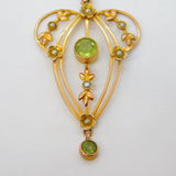 Edwardian 9ct Yellow Gold, Peridot & Seed Pearl Lavalier Pendant Antique c1910