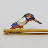 Victorian 15ct Yellow Gold, Enamel & Pearl Kingfisher Brooch Antique c1890
