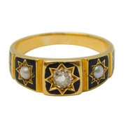 Victorian 18ct Gold, Black Enamel, Pearl, 0.25ct Diamond Mourning Ring Antique c1850