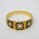 Victorian 18ct Gold, Black Enamel, Pearl, 0.25ct Diamond Mourning Ring Antique c1850