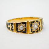 Victorian 18ct Gold, Black Enamel, Pearl, 0.25ct Diamond Mourning Ring Antique c1850