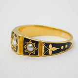 Victorian 18ct Gold, Black Enamel, Pearl, 0.25ct Diamond Mourning Ring Antique c1850