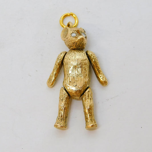 9ct Yellow Gold Diamond Eye Articulated Teddy Bear Pendant Vintage 1966 London