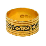 George III 22ct Gold Black Enamel Mourning Ring WM Branford, Antique 1819