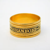 George III 22ct Gold Black Enamel Mourning Ring WM Branford, Antique 1819