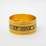 George III 22ct Gold Black Enamel Mourning Ring WM Branford, Antique 1819