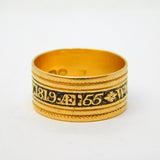 George III 22ct Gold Black Enamel Mourning Ring WM Branford, Antique 1819