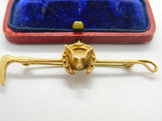 9ct Yellow Gold Fox Mask & Crop Stock Pin Brooch Vintage 1971 Birmingham