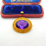 Victorian 18ct Yellow Gold & Amethyst Set Etruscan Style Brooch Antique c1880