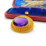 Victorian 18ct Yellow Gold & Amethyst Set Etruscan Style Brooch Antique c1880