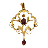 Edwardian 9ct Yellow Gold Garnet Set Lavalier Drop Pendant Antique c1910