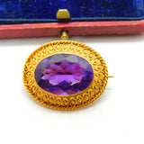 Victorian 18ct Yellow Gold & Amethyst Set Etruscan Style Brooch Antique c1880