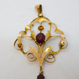 Edwardian 9ct Yellow Gold Garnet Set Lavalier Drop Pendant Antique c1910