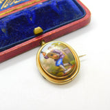 Edwardian 9ct Yellow Gold Brooch with Painted Porcelain Lute Player c1910