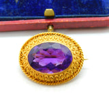 Victorian 18ct Yellow Gold & Amethyst Set Etruscan Style Brooch Antique c1880